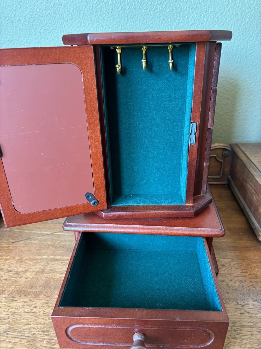 Spinning wood jewelry box drawers mirror